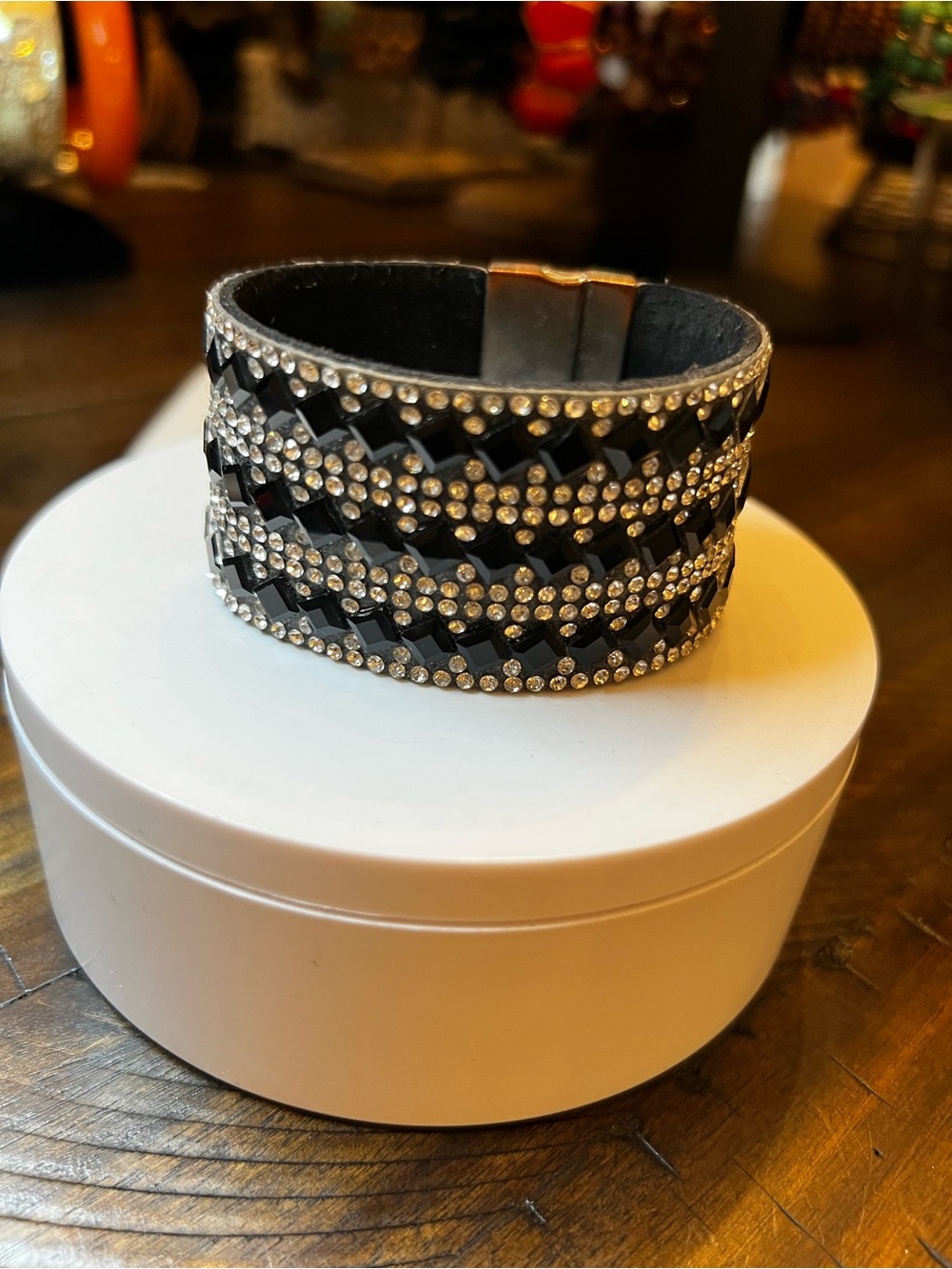 Black Crystal-Studded Wide Cuff Bracelet